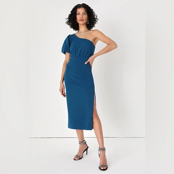 New Lulu's Ultimate Poise Teal Blue One-Shoulder Midi Dress XS X-Small Classy - Picture 2 of 11